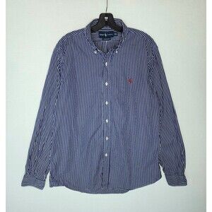 Ralph Lauren Custom Fit Blue White Striped Oxford Button Down Preppy Mens Large